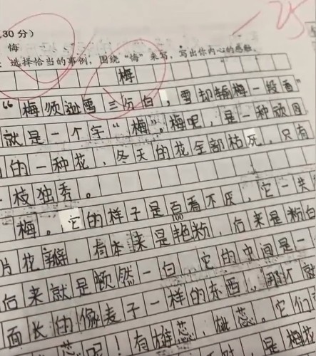 学生把“悔”看成“梅”满分作文跑题，老师含泪打5分